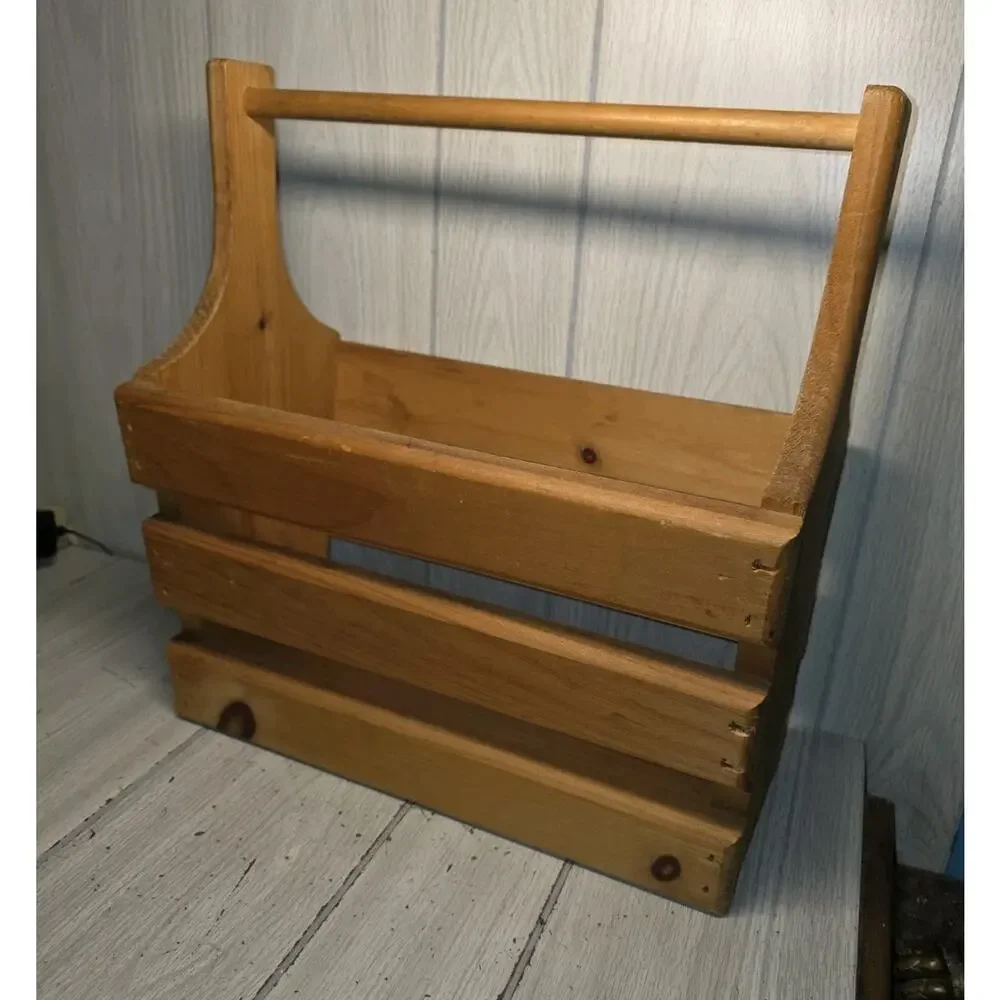 Vintage Handmade Wooden Slat Storage Basket Caddy With Handle Farmhouse Country